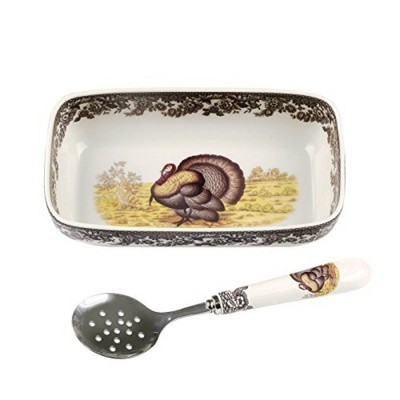 Spode Woodland Turkey Cranberry Dish with Slotted Spoon - Fine Porcelain Thanksgiving Serving Dish, Classic Turkey Motif, Microwave & Dishwasher Safe