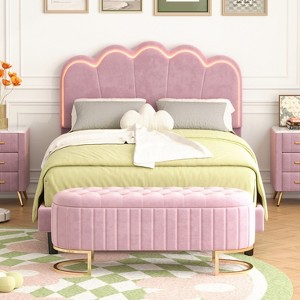 NicBex Twin/Full Wood Platform Bed Frame with Elegant Shell-Shaped Headboard,Velvet Upholstered Bed Frame with LED Lights,Easy Assembly,Pink - 1 of 4