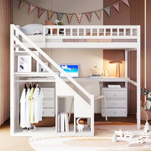 TiramisuBest Twin Loft Bed with Desk & Shelves, White, Space-Saving Wooden Loft Bed for Kids, Study & Play - 1 of 4
