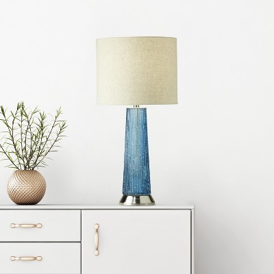 22" Blue Ribbed Glass and Beige Linen Shade Table Lamp