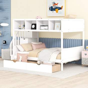 Twin over Full Bunk Bed with Shelves, Storage Staircase and 2 Drawers - ModernLuxe