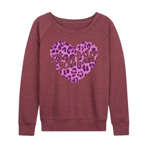 Women's - Barbie - Leopard Heart Lightweight French Terry Wide Neck Long Sleeve Shirt - 1 of 4