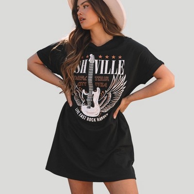 Amaryllis Women’s Oversized Graphic T-Shirt Dress Nashville Music Tour Guitar Print Rolled Short Sleeves