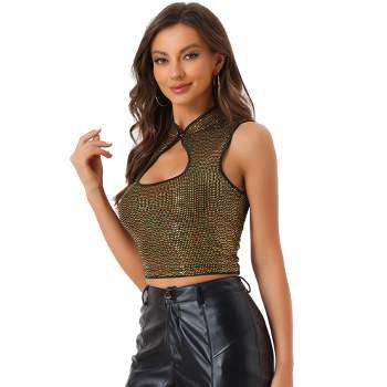 Allegra K Women's Slim Fitted Sequins Sleeveless Cut Out Front Crop Tank Top