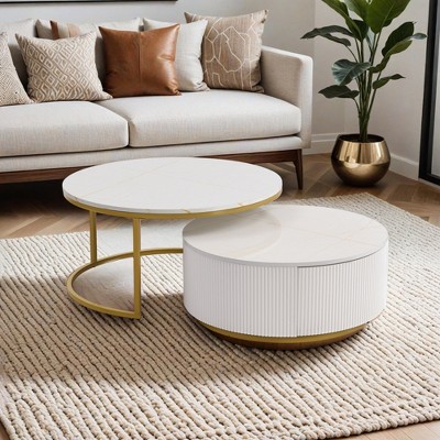 Modern Round Nesting Coffee Table Fluted with Drawer in 27.6" - Leovsnove