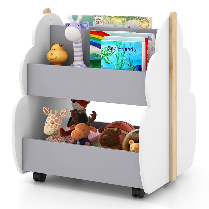 Costway Kids Wooden Bookshelf with Wheels 2-Tier Toy Storage Shelf Double-sided Bookcase Grey/Natural, 1 of 11