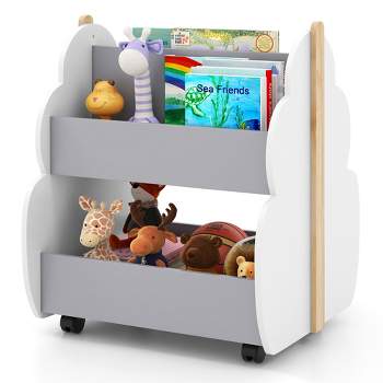 Costway Kids Wooden Bookshelf with Wheels 2-Tier Toy Storage Shelf Double-sided Bookcase Grey/Natural