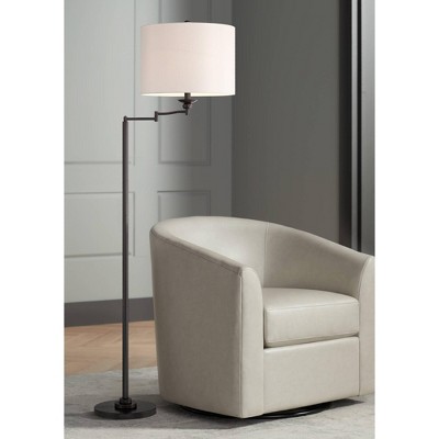 Bronze Adjustable Floor Lamp with White Linen Drum Shade