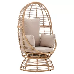 Barton Outdoor Rattan Wicker Swivel Basket Egg Chair Lounge Chair with Cushion, Beige