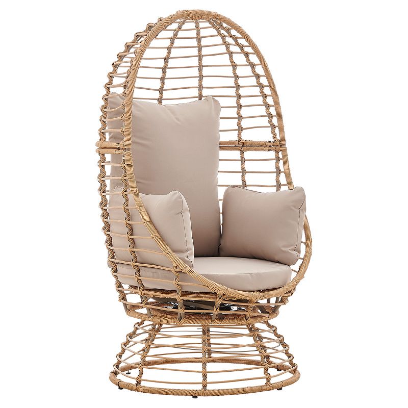 Barton Outdoor Rattan Wicker Swivel Basket Egg Chair Lounge Chair with Cushion, Beige, 1 of 7