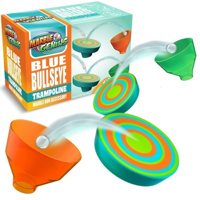 Marble Genius Stunts Trampoline Set: 4 Pieces Total, Includes 2 New Patented Trampolines and 2 Catch Buckets - Blue Bullseye