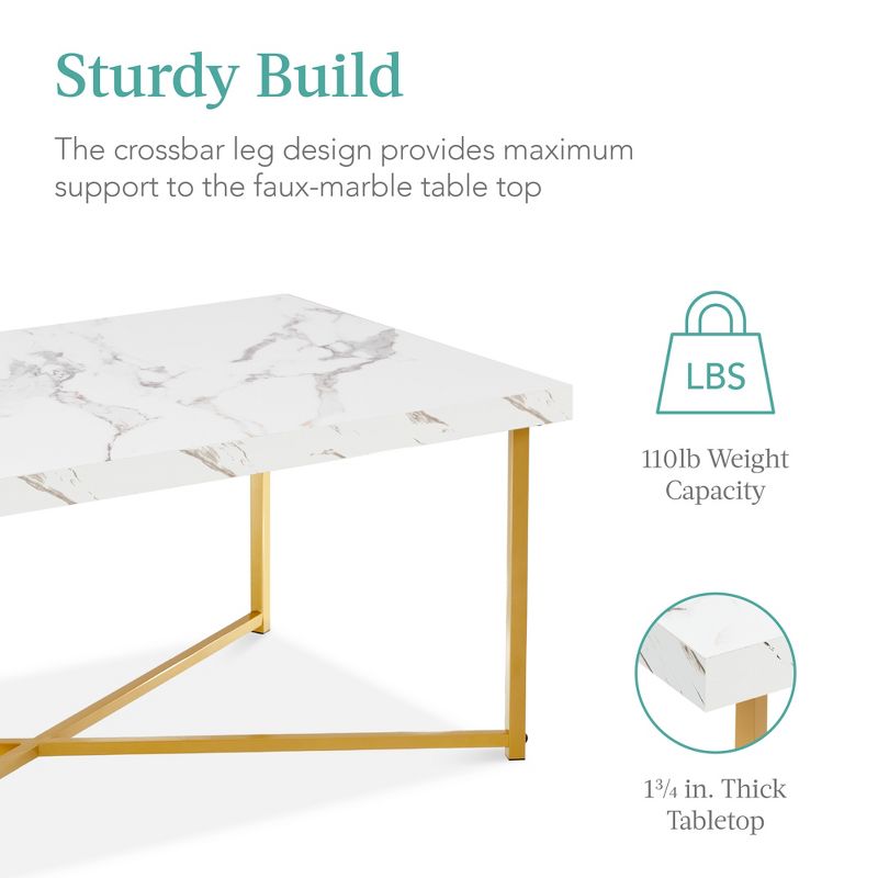 Best Choice Products 44in Rectangular Coffee Table, Living Room Accent Table w/ Faux Marble Top - White/ Bronze Gold, 2 of 8