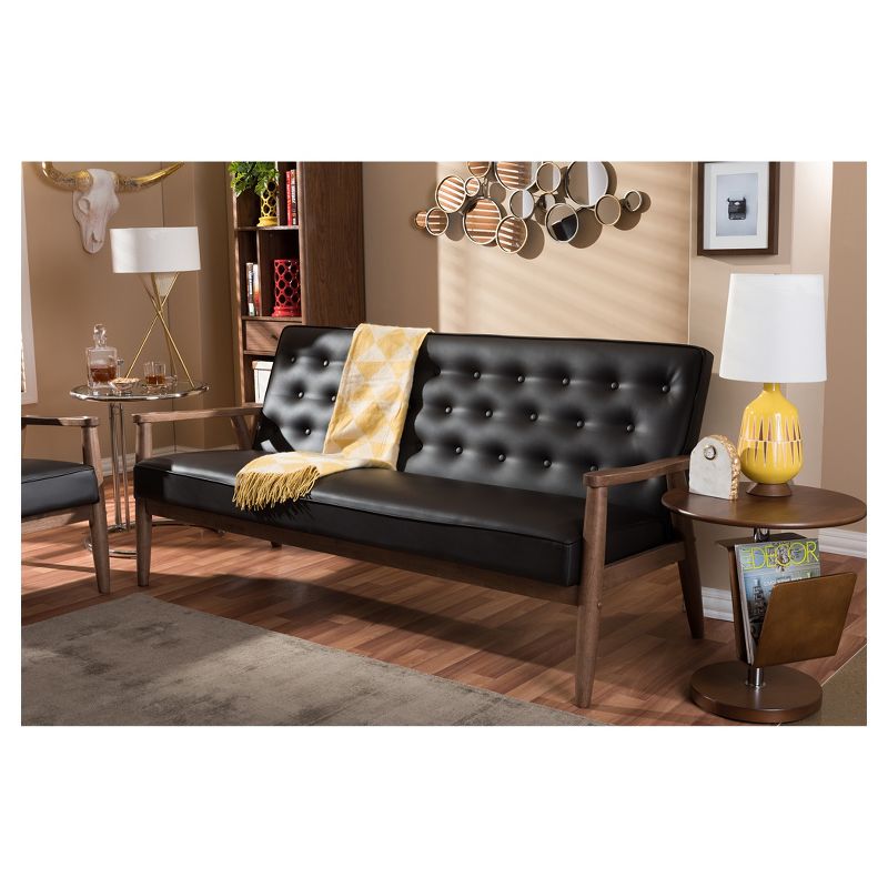 Sorrento Mid-Century Retro Modern Faux Leather Upholstered Wooden 3 Seater Sofa - Baxton Studio, 5 of 6