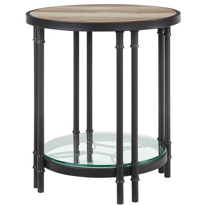 Modern Farmhouse Round Oak & Sandy Black End Table with Glass Shelf