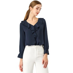 INSPIRE CHIC Women's Office Work Ruffle V Neck Long Sleeve Chiffon Peasant Blouse - 1 of 4