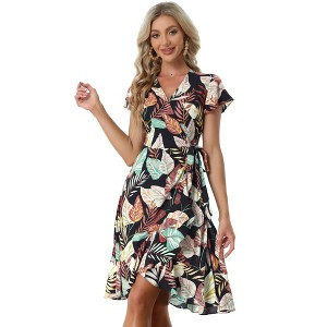 Allegra K Women's Tie Waist Beach Tropical Floral Printed Midi Wrap Dress - 1 of 4
