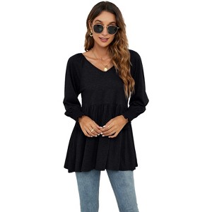 YESFASHION Womens Casual Fall Long Sleeve Tunic Tops V Neck Babydoll Top Blouse T-Shirt - 1 of 4
