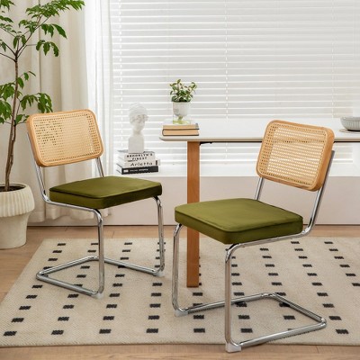 Velvet Rattan Side Accent Chairs Upholstered Dining Living Room Kitchen Chairs with Legs Set of 2