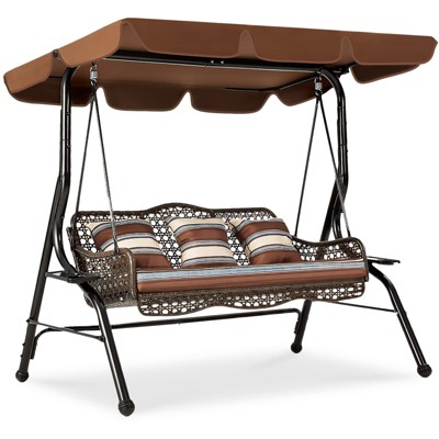 COWLOWN Brown 3 Seat Outdoor Swing for Adults, Rattan Patio Swing, Removable Cushion, Stand, Perfect for Garden and Deck