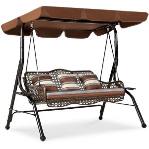 COWLOWN Brown 3 Seat Outdoor Swing for Adults, Rattan Patio Swing, Removable Cushion, Stand, Perfect for Garden and Deck - 1 of 4