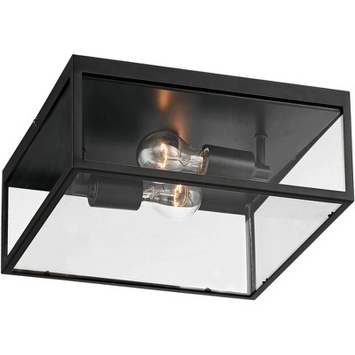 Modern Matte Black Square Outdoor Ceiling Light with Clear Glass Panels