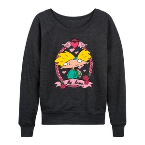 Women's - Hey Arnold! - Valentine's My Love Lightweight French Terry Wide Neck Long Sleeve Shirt - 1 of 4