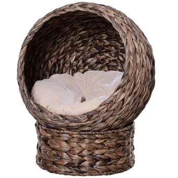 PawHut Weaved Elevated Cat Bed, Hand Made Braided Banana Leaf Pet House Nest with Cushion for Kitten, Puppy, 23.5" H