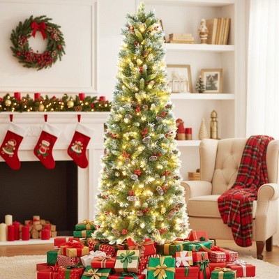 KRISRATE 6FT Pre-lit Pencil Christmas Tree, Partially Flocked Slim Holiday Tree Decoration, Skinny Xmas Tree, 250 Lights, 566 Frosted Tips, PineCones