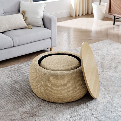 NicBex Round Foam Storage Ottoman Bench,Upholstered Storage Ottoman with Small Seat,Modern Storage Bench for Living Room,Bedroom,Natural
