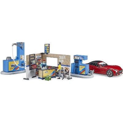 Bruder bworld Gas Service Station with Shop, Car Wash and Roadster Car