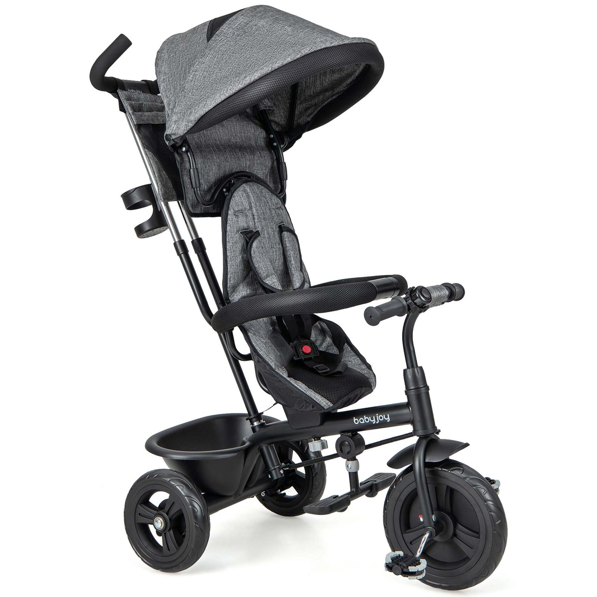 Babyjoy 4-in-1 Multifunctional Tricycle Kids Trike with Removable Canopy & Push Handle Gray