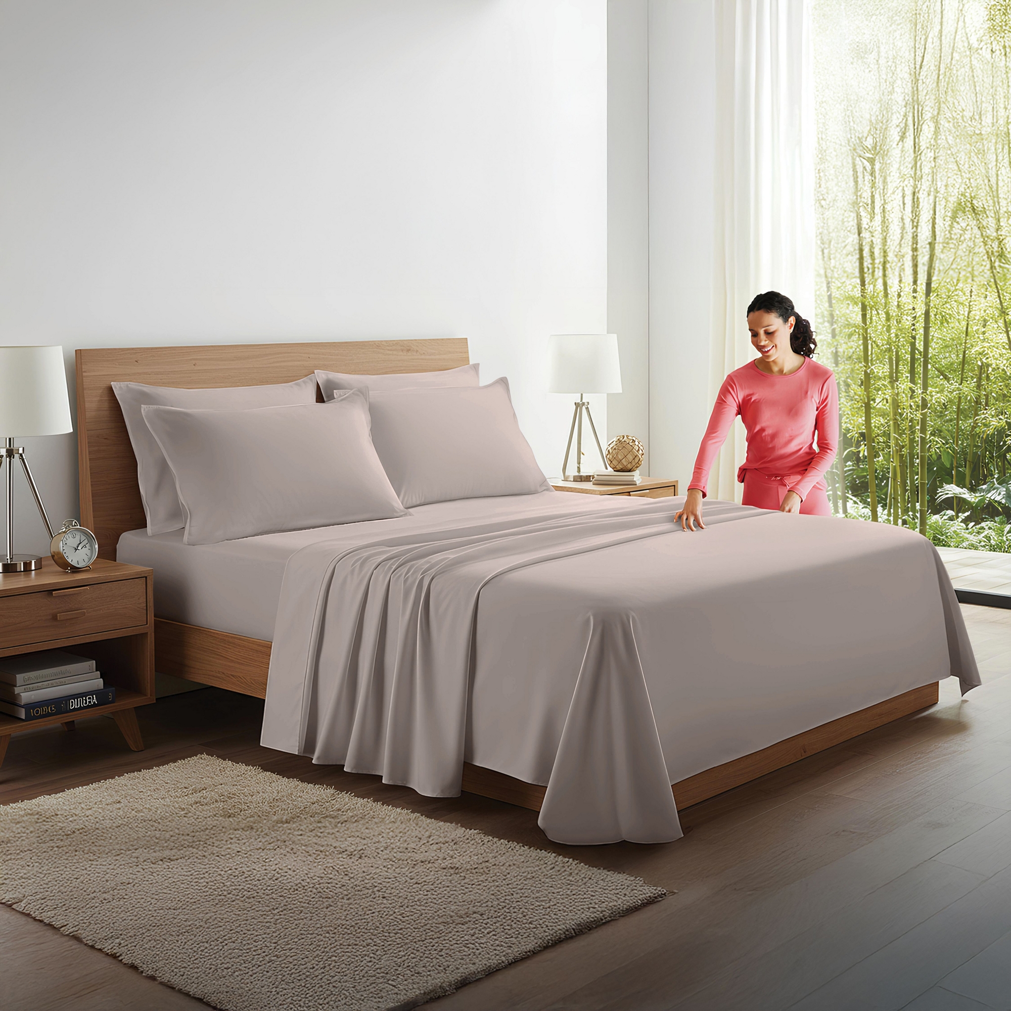 100% Organic Bamboo Viscose Sheets Set, 300 Thread Count, 4-pc Set, Luxury Cooling Sheets, Deep Pockets, King Size (Stone)