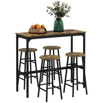 HOMCOM 5-Piece Bar Height Bar Table and Chairs Set, Rustic Pub Table with Stools, Kitchen Table and 4 Chairs with Wooden Top, Rustic Brown