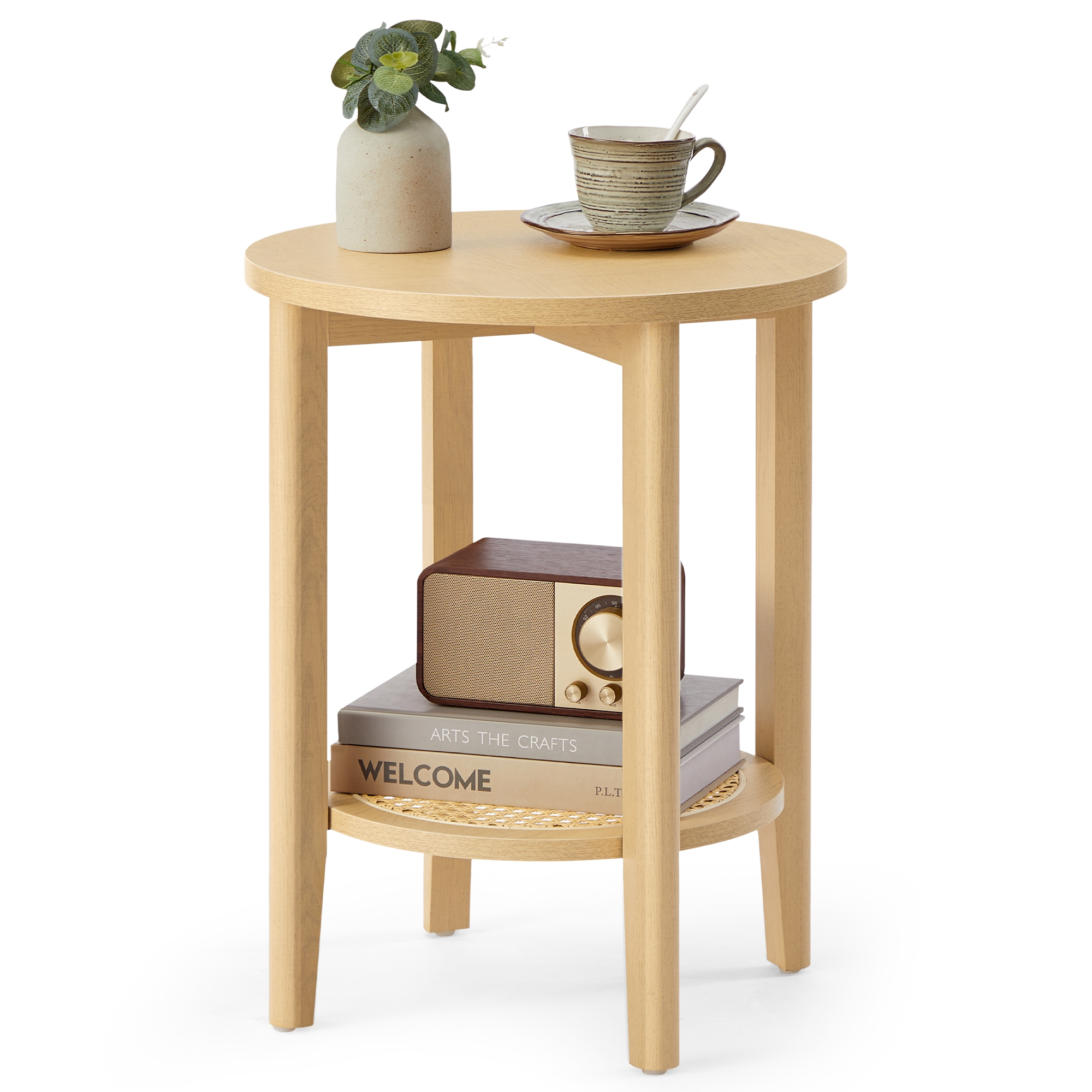 Boho 2-Tier Round Side Table - Rattan-Look Nightstand with Storage Shelf for Bedroom/Living Room, Space-Saving, Oak Beige