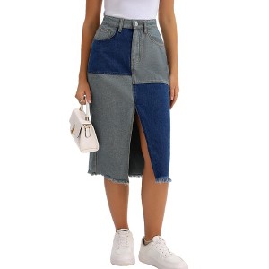 INSPIRE CHIC Women's Denim Color Block Patchwork Raw Hem Split with Pockets Midi Skirts - 1 of 4