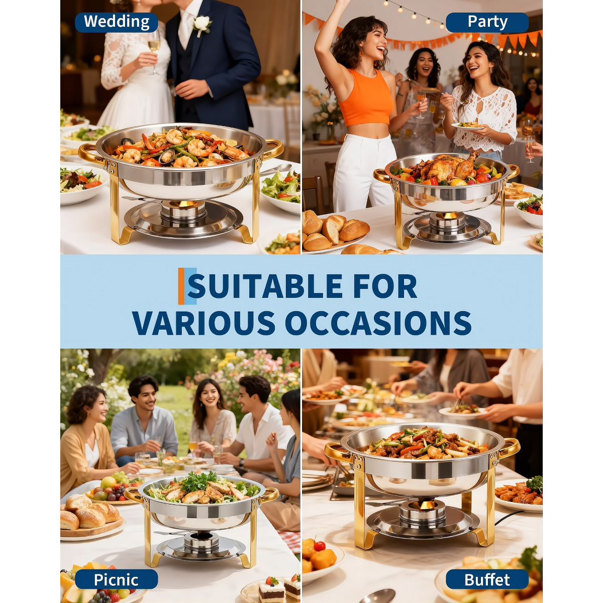 Garvee 2 Pack Round Chafing Dishes for Buffet, Stainless Steel Chafer Set, Clear Lid, Stand & Lid Hook, Half Gold Plated, Food Warmers for Catering - thumbnail 3