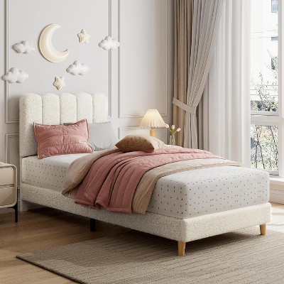 Boucle Upholstered Platform Bed with Wave Headboard for Kids, Easy Assembly, Wooden Slats Support, No Box Spring Needed