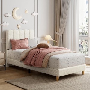 Boucle Upholstered Platform Bed with Wave Headboard for Kids, Easy Assembly, Wooden Slats Support, No Box Spring Needed - 1 of 4
