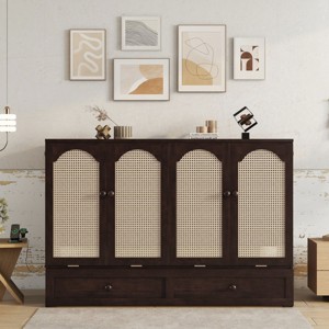 Queen Size Pine Wood Murphy Bed with Rattan Panel and Built-In Charging Ports,Cabinet Bed for Small Spaces-The Pop Home - 1 of 4