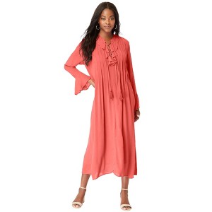 Roaman's Women's Plus Size Ruffle Pintuck Crinkle Dress - 1 of 4