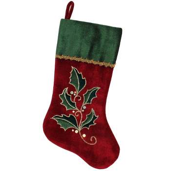 Northlight 21" Red and Green Holly Embroidered Velvet Christmas Stocking