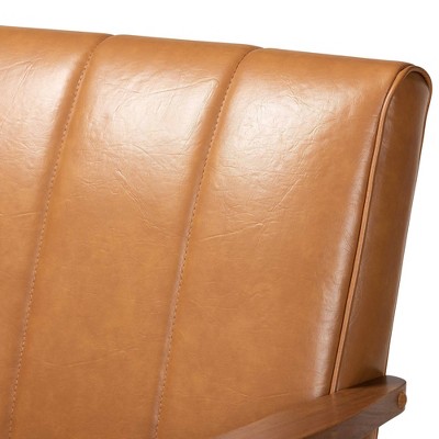 Nikko Mid-Century Modern Tan Faux Leather Loveseat with Walnut Wood