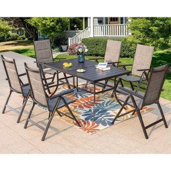 7pc Outdoor Dining Set with 7 Position Adjustable Folding Chairs & Metal Rectangle Table with Umbrella Hole - Gray/Black - Captiva Designs