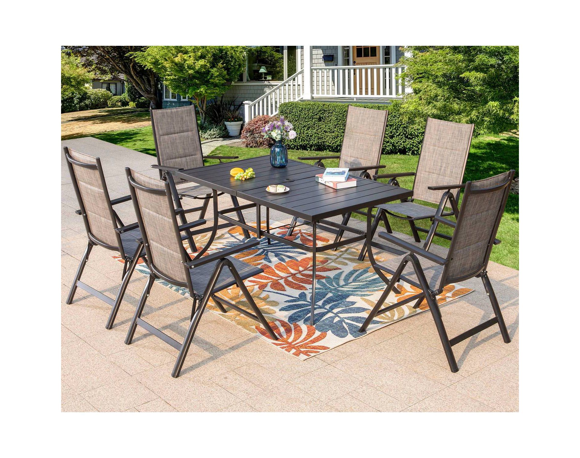 7pc Outdoor Dining Set with 7 Position Adjustable Folding Chairs & Metal Rectangle Table with Umbrella Hole - Gray/Black - Captiva Designs