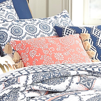 Small Coral Embroidered Paisley Accent Pillow with Tassels