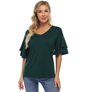 BLUEMING Womens Flutter Elbow Sleeve Shirts V Neck Tee Blouse Pagoda Sleeve T-Shirts Summer Tee Blouse Flowy Tops - 1 of 4