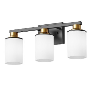 DORESshop 20 in. 3-Light Matte Black and Gold Vanity Light with Milky White Glass Shades - 1 of 4