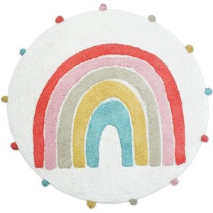 HomeRoots 32" White Pink And Yellow Cotton Rainbows Round Youthful Bath Rug - 1 of 4