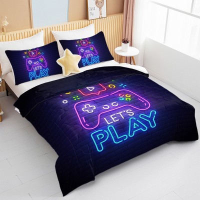 Boersma Neon Game Comforter Set – Ultra Soft Gaming Bedding Twin Size with 1 Quilt & 2 Pillowcases, Cool Gamer Room Decor for Kids Teens Boys Girls