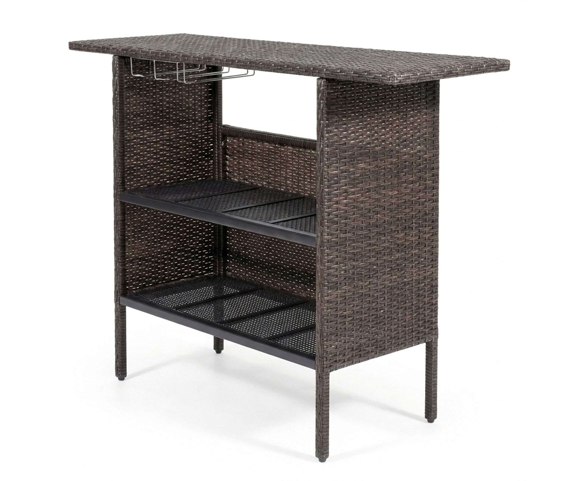 Gymax Patio Rattan Bar Table Outdoor Wicker Bar Height Table w/2-Tier Metal Storage Shelves & 2-Rail Stemware Rack Bar Counter Table